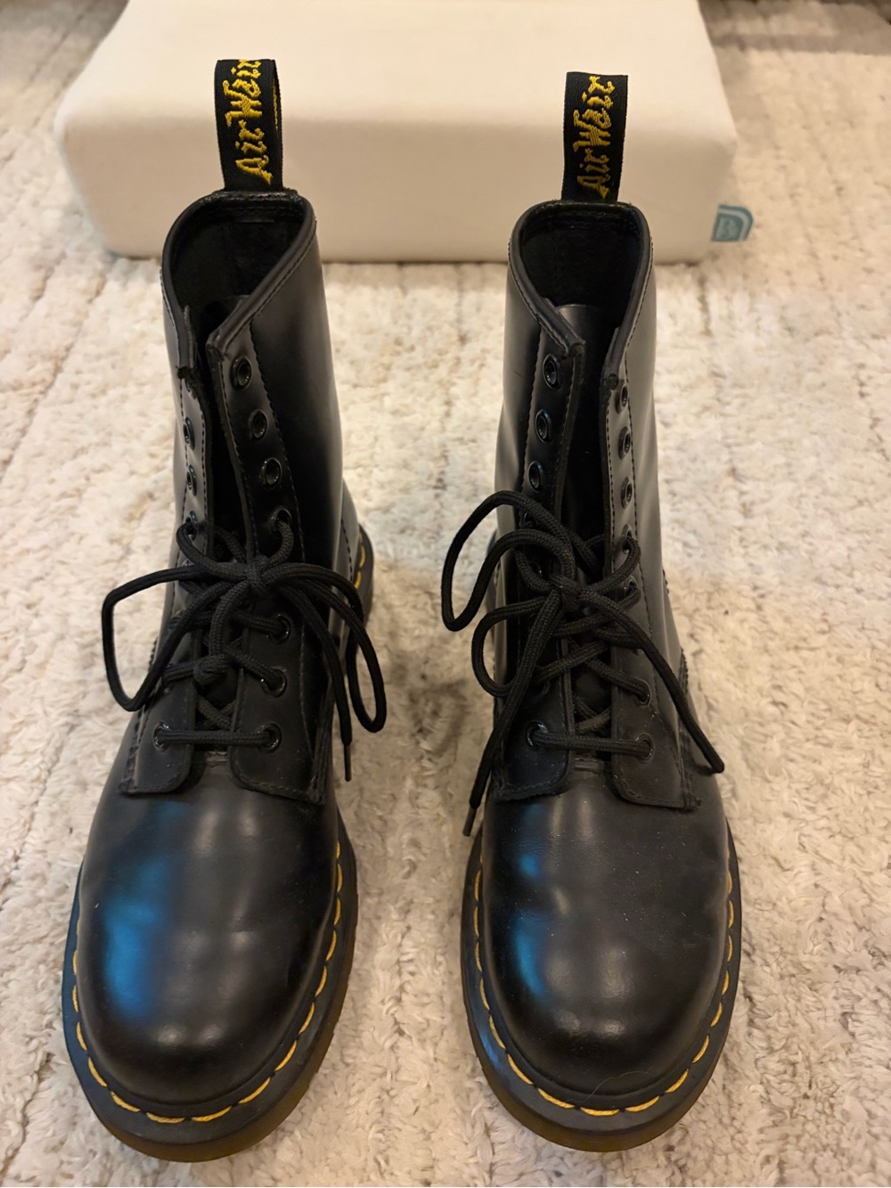 Dr. Martens Black Leather Lace-Up Boots with Yellow Stitching